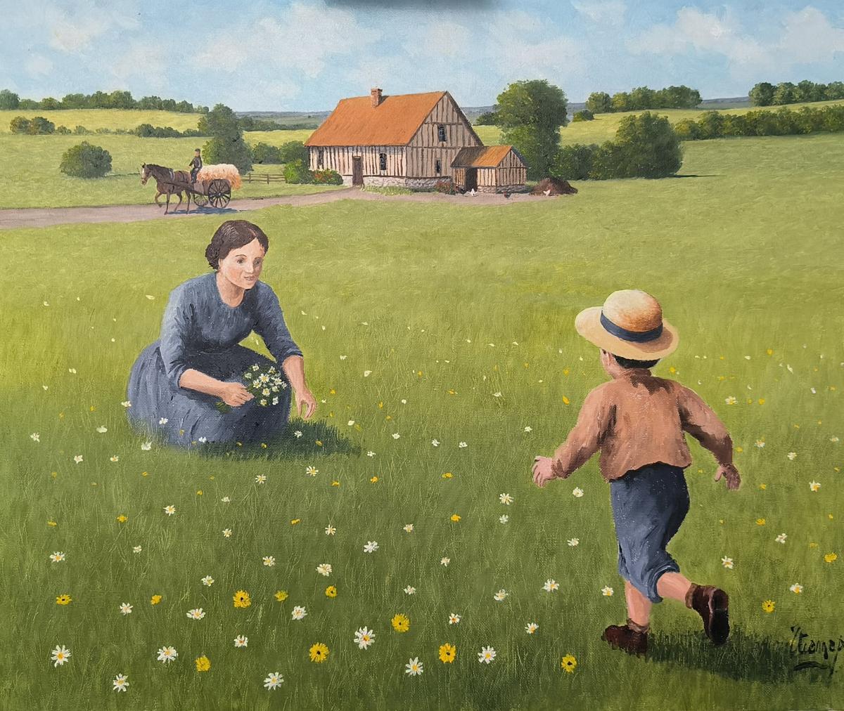 thème boculique, campagne normande , fleurs, charrette , cueillette des fleurs