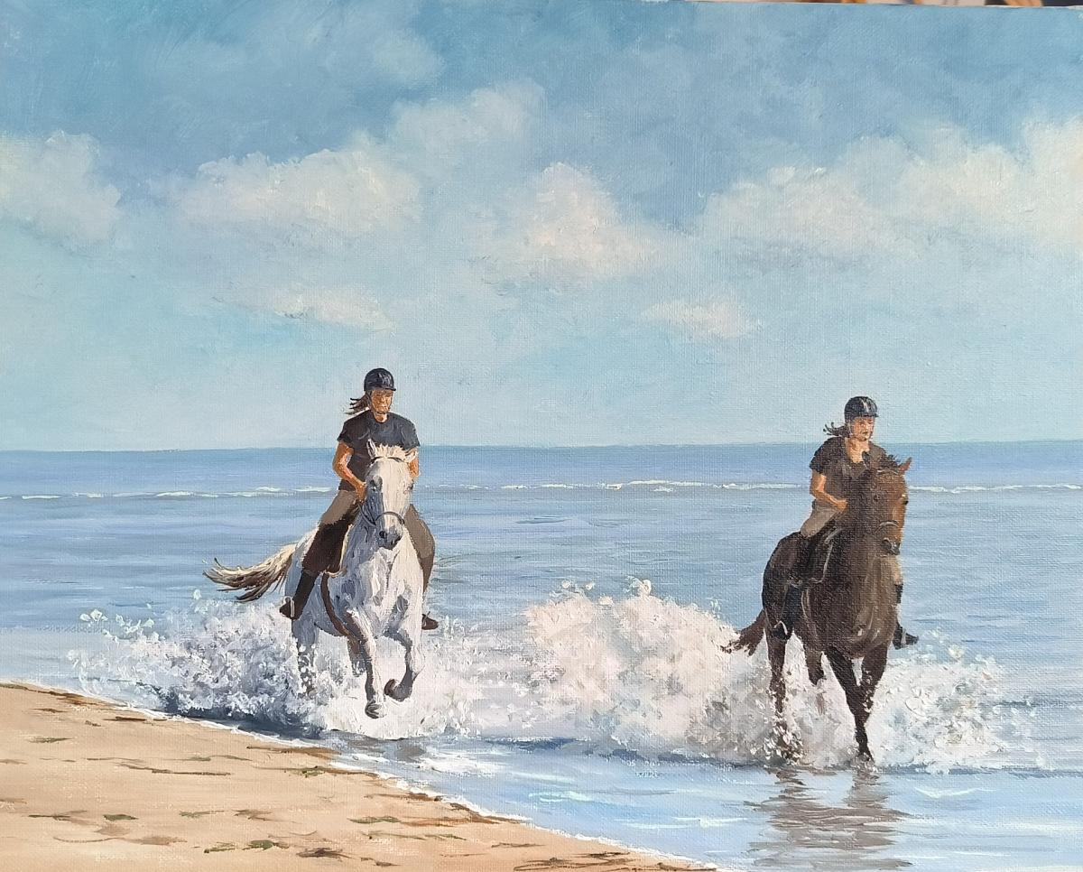 thème marin ,cavaliers , plage , écume , galop, chevaux